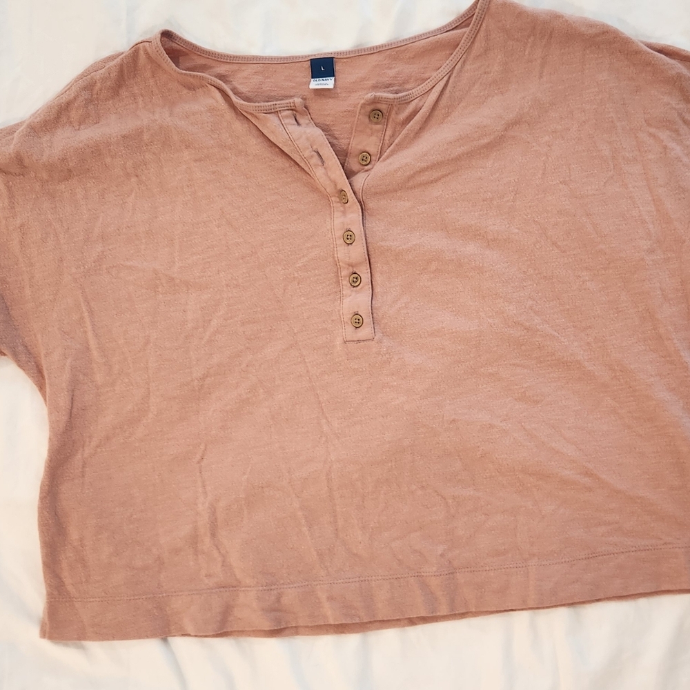 Pink Buttoned Oversized Boxy Crop Top with Short Sleeves